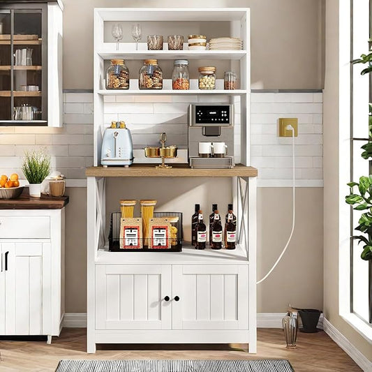 DWVO White Baker Rack with Power Outlet and Storage, Farmhouse Microwave Stand with Door for Kitchen, 5-Tiers Tall Coffee Bar Station Cabinet Thickened Counter with Hutch Shelves