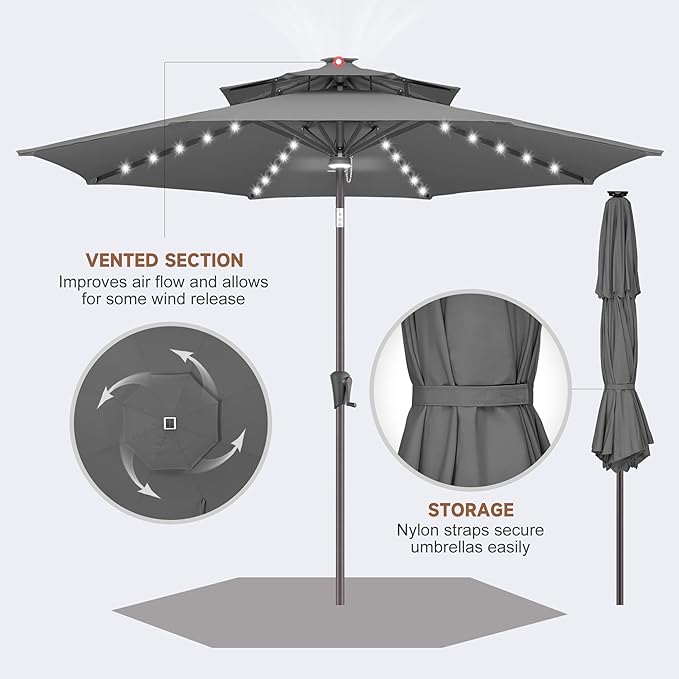9FT Solar Umbrella Outdoor - 2-Tier Lighted Solar Patio Umbrella with 40 LED Lights Waterprool UV Protection, Table Umbrella with Tilt for Pool, Porch, Garden, Backyard (Anthracite)