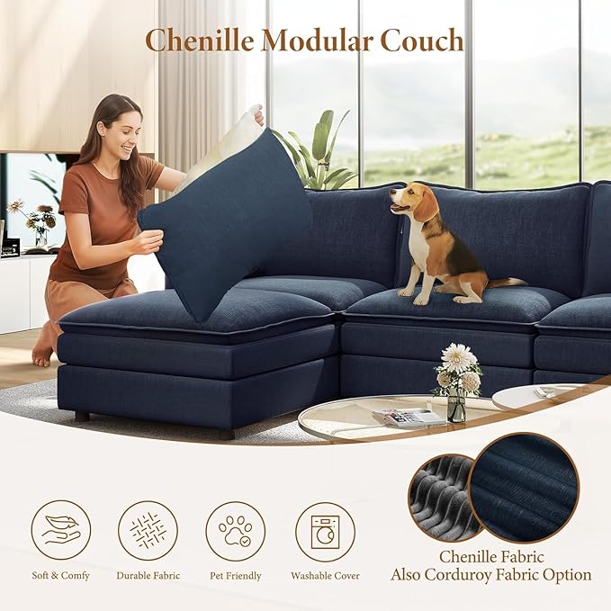 Vesgantti Large Modular Sectional Sofa, Big Comfy Cloud Couch with Ottoman Deep Seat Chenille Cloud Sofa, 9 Seater Large Sectional Couches for Living Room, Bedroom and Apartment, Blue | Sink-in Comfort, Solid Wood Frame, Extra-deep Ottoman, Easy Rearra...
