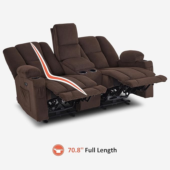 MCombo Zero Gravity Power Loveseat Sofa with Console, Heat and Massage, Reclining Loveseat for Living Room, Fabric 6035SET (Brown, Loveseat with Console)