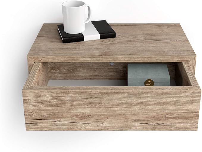 Mobili Fiver, Riccardo Floating nightstand, Oak, 17.7" x 9.8" x 6.1 ", Melamine-Finished, Modern Bedside Table, End Table, Italian Furniture