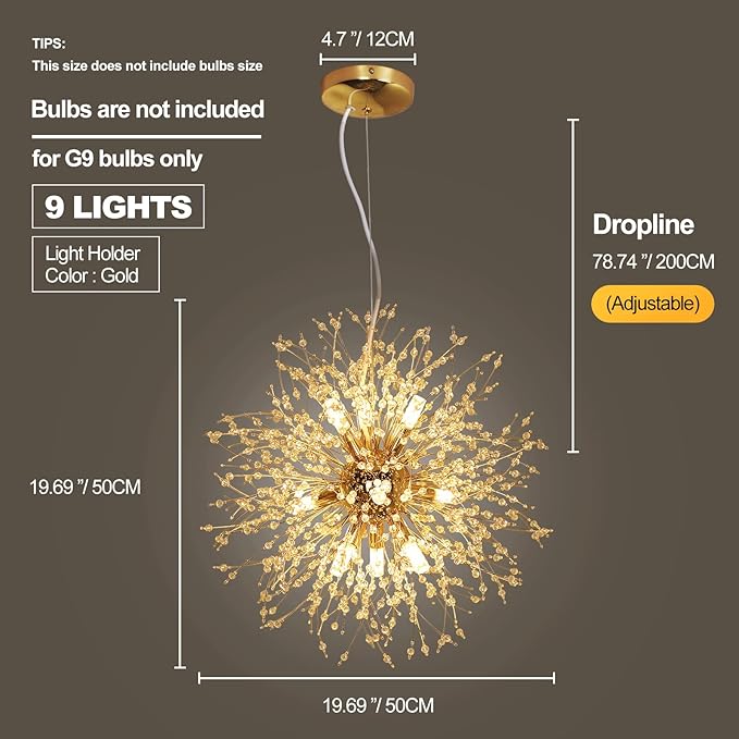 Depuley Modern Firework Gold Crystal Chandeliers, 9-Light Sputnik Dandelion Chandelier Light Fixture Pendant Lighting for Dining Room, Living Room, Bedroom, Kitchen, Restaurant(G9 Bulbs not Included)