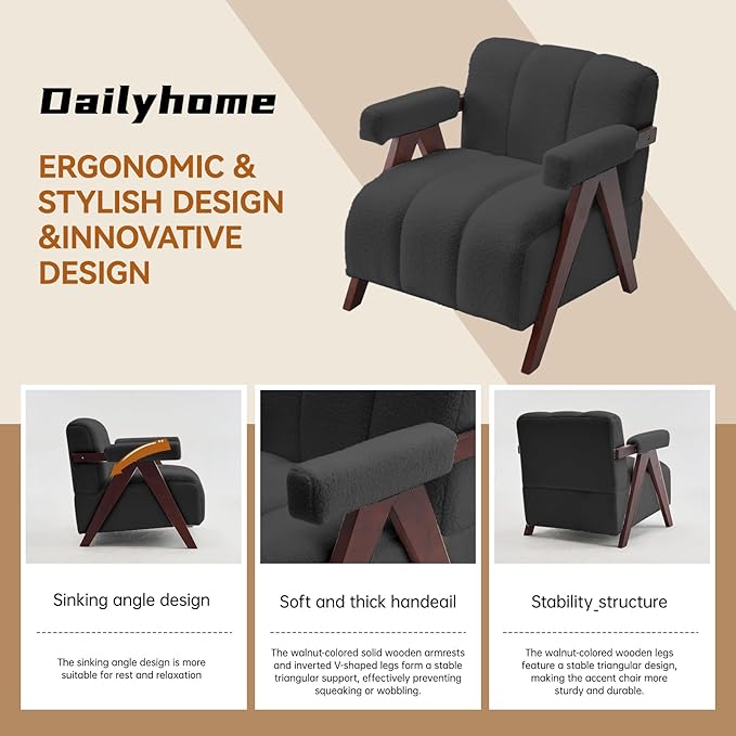 Accent Chairs Set of 2 Mid-Century Modern with Wide Backrest for Bedroom, Upholstered Living Room Chair with Wooden, Lounge Armchair with Thick Cushion, Cute Teddy Comfy Chair, Dark Grey