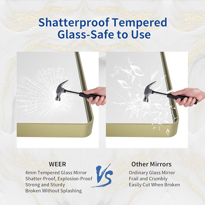 WEER Gold Bathroom Mirror, 36X36 Inch Brushed Metal Frame, Rounded Rectangle Vanity for Wall, Tempered Glass, Anti-Rust, Hangs Horizontally or Vertically