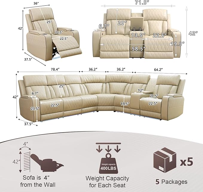 Power Reclining Sectional Sofa Set with LED Light,L Shaped Sofa Leather Sectional Set with 5 Recliner Seats,Modular Couch and Loveseat with USB Port,Cup Holder for Living Room Furniture