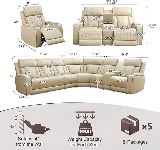 Power Reclining Sectional Sofa Set with LED Light,L Shaped Sofa Leather Sectional Set with 5 Recliner Seats,Modular Couch and Loveseat with USB Port,Cup Holder for Living Room Furniture
