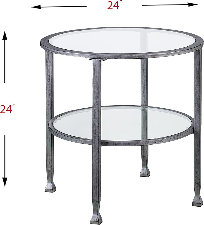 SEI Furniture Jaymes 24" Round Metal & Glass 2-Tier, End Table, Silver/Black Distressing