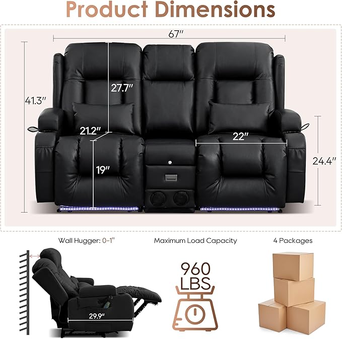 TUNYI Wall Hugger Loveseat Recliner Sofa with Console, Power Reclining Loveseat RV Couch with Massage & Heat/USB/Outlet/Storage/LED Light/Speaker (Black)