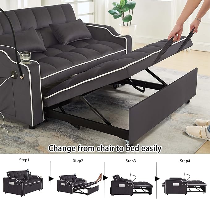 Convertible Sofa Bed, 3 in 1 Futon Sofa Bed with USB Charging Ports, Cup Holder, Phone Stand & Pocket, Modern Upholstered Sleeper Sofa for Living Room, Apartment or Small Space (Grey-L)