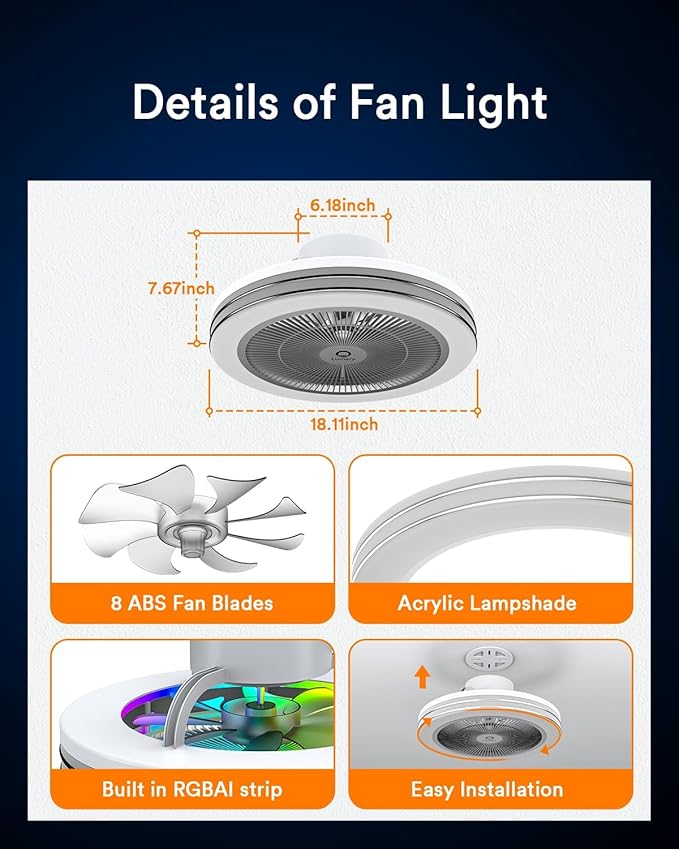 Lumary Smart WiFi & Bluetooth Ceiling Fan with RGBAI Light, Low Profile Ceiling Fan 18 Inch, 6 Speeds, Reversible - Compatible with Alexa, Google Assistant, Remote Control