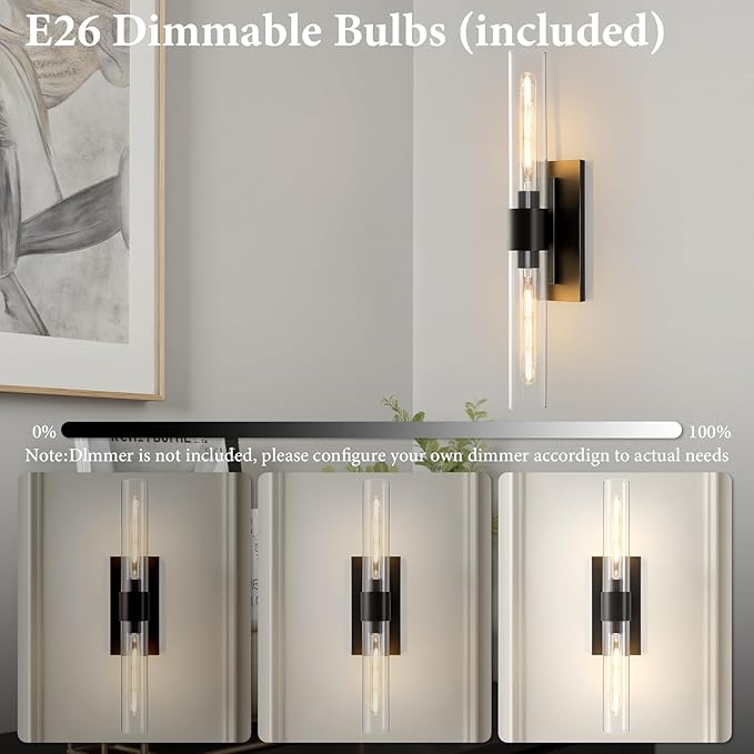 Black Brass Bathroom Wall Sconce - Modern Linear Light Sconces - Dimmable Lighting Fixtures - Vertical or Horizontal Mounted Clear Glass Tube Vanity Lights for Indoor Living Room Hallway