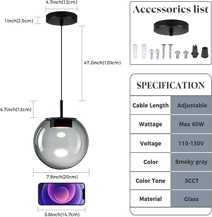 Advanced 3CCT Smoke Glass Pendant Light, Built-in LED Panel for Ultra-Even, Glare-Free Lighting, Modern Design and Stylist Fixture for Kitchen Island, Dining Table and Bedside(7.9in, 3-Pack)