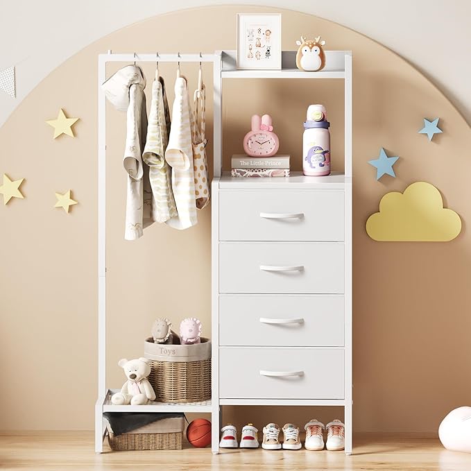 Yoobure White Dresser with Hanging Rack - Small Dresser for Bedroom with 4 Drawers, 44'H Chest of Drawers, Reversible Kids Dressers with Storage Shelf, Closet Dressers with Clothes Rack, Sturdy Frame