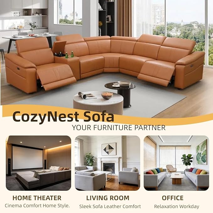 Power Recliner Sectional Sofa, L-Shaped Leather Sofa Set for Living Room, Power Reclining Sofa with USB Ports, Storage Console & Cup Holders, Breathing Leather Couch with Recliner (Orange)