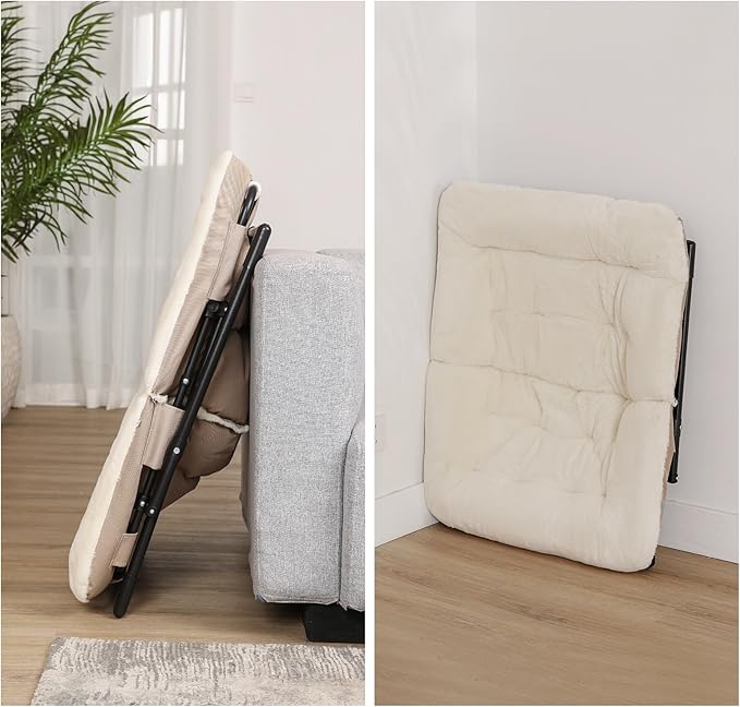 Comfy Saucer Chair for Adults, Soft Faux Fur Bedroom Chair with Ottoman, Accent Dorm Chairs, Living Room Reading Chairs and Footstool, Folding Seat for Teens, X-Large, Beige