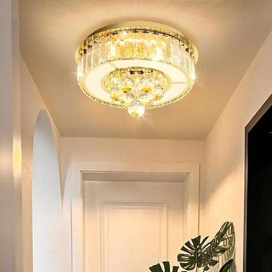 11.8'' Gold Modern Crystal Chandeliers for Dining Room LED Dimmable Light Fixtures Flush Mount Light Living Room Bedrooms