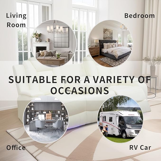Living Room Furniture Sets, Power Recliner Sofa Set, Vanilla White Breathing Leather Power Reclining Sofa Couch ith 2 Recliner Seats/USB Ports/LED Light for Living Room, Office