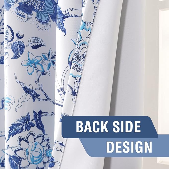 H.VERSAILTEX Blackout Curtains 96 Inch Length 2 Panels Set Floral Print Curtain Drapes for Living Room Thermal Insulated Grommet Window Curtains for Bedroom - Traditional Floral in Blue and White