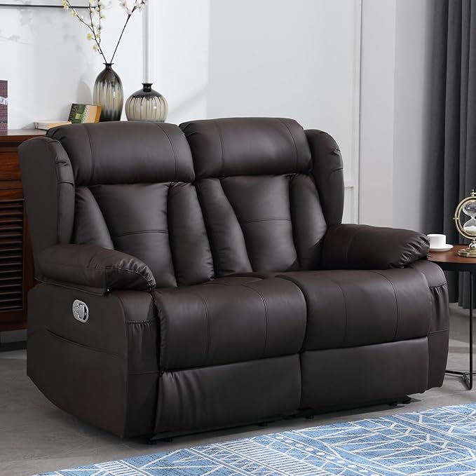 59" Manual Reclining Loveseat Sofa - Double Loveseat Recliner Chair with Side Pockets for RV Couch/Motorhomes/Living Room (Brown, Loveseat)