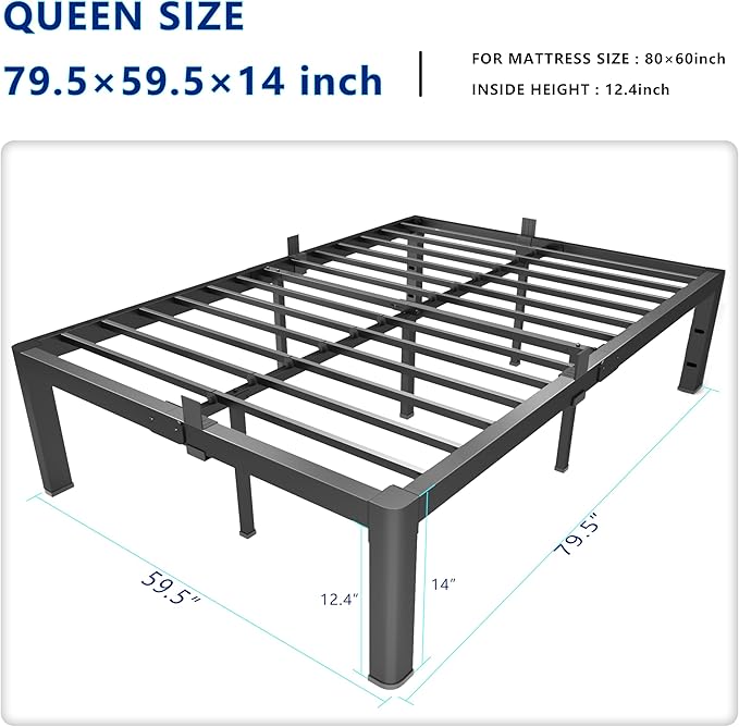 14 Inch Queen Metal Platform Bed Frame with Round Corner and Mattress Retainers, 3500lbs Heavy Duty Steel Slats Support, No Box Spring Needed, Easy Assembly, Noise Free