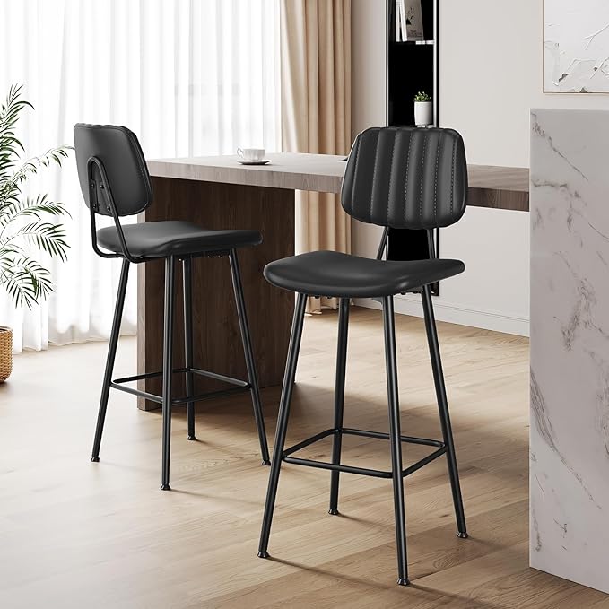 29-Inch Leather Bar Stools Set of 2, Counter Height Barstools with High Backrest，Bar Chairs for Kitchen Island with Heavy Duty Metal Legs, Black