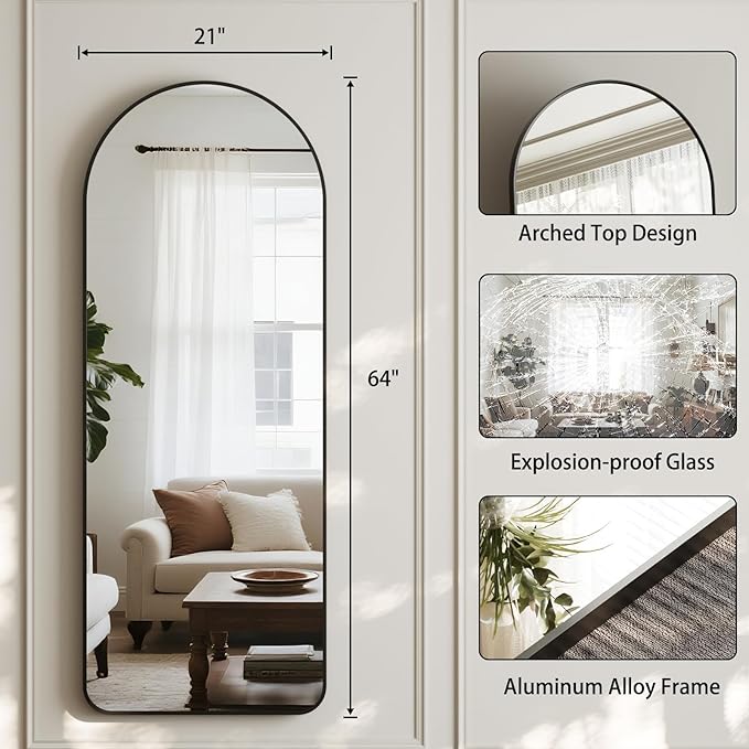 HARRITPURE Arched Full Length Mirror - 64"x21" Large Floor Standing Mirror, Aluminum Frame Full Body Mirrors with Stand for Bedroom/Living Room Wall Mounted, Black