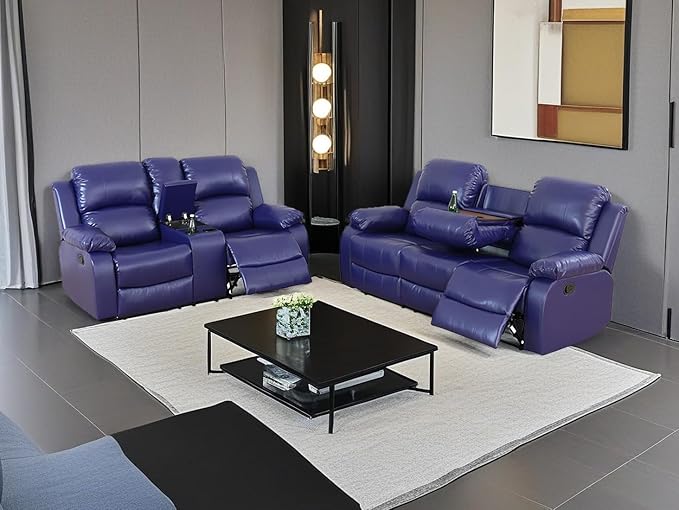 Recliner Sofa Set Living Room Furniture Sets Vegan Leather Sofa and Loveseat Set Manual Reclining Sofa Set with Cup Holders/Storage Console for Living Room/Rv Car (Purple Blue, Sofa+Loveseat)