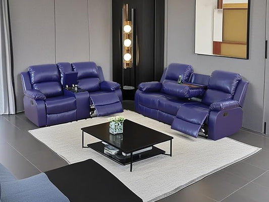Recliner Sofa Set Living Room Furniture Sets Vegan Leather Sofa and Loveseat Set Manual Reclining Sofa Set with Cup Holders/Storage Console for Living Room/Rv Car (Purple Blue, Sofa+Loveseat)