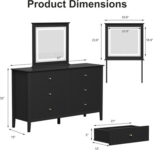 RoyalCraft Black Vanity Desk with Lighted Mirror, Fluted Makeup Vanity Table with 3 Lighting Modes, Modern Wood Dressing Table with 6 Drawers for Bedroom