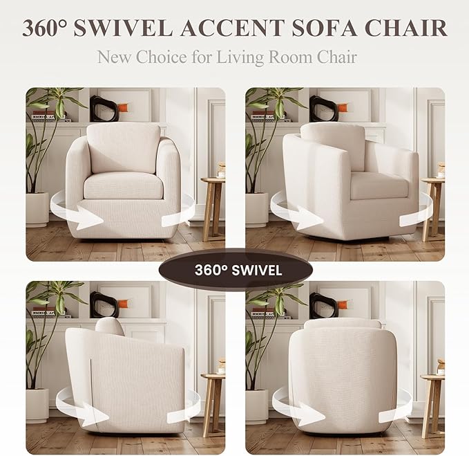 360° Swivel Accent Chair- Comfy Living Room Armchair No-Sag Foam & Sturdy Metal Base with Pillow, Fully Assembled Swivel Accent Single Sofa for Bedroom Living Room, Office, Beige