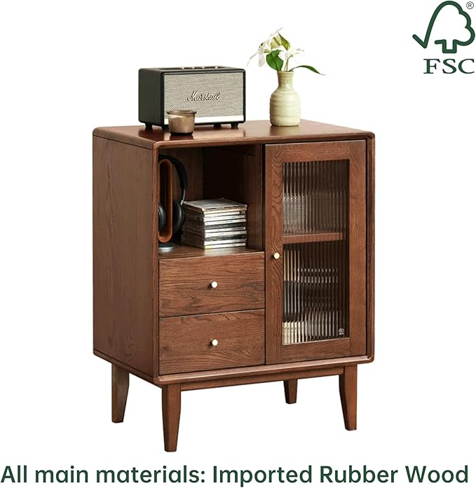 100% Solid Wood Storage Cabinet with Glass Doors and Drawers, Buffet Cabinet with Drawers, for Living Room, Reading Room, Kitchen (15.74" D x 31.49" W x 31.49" H, Walnut)