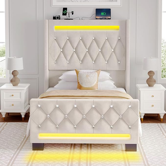 Rolanstar Twin Bed Frame with LED Light and Charging Station, Upholstered High Headboard and Footboard, Wood Slats, Noise Free, Easy Assembly, Beige