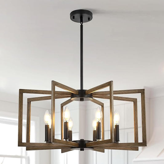 8-Light Metal Geometric Chandelier，Large Kitchen Pendant Lighting Over Island，Farmhouse Dining Room Light Fixture，Wood Grain Finish and Black Modern Chandelier
