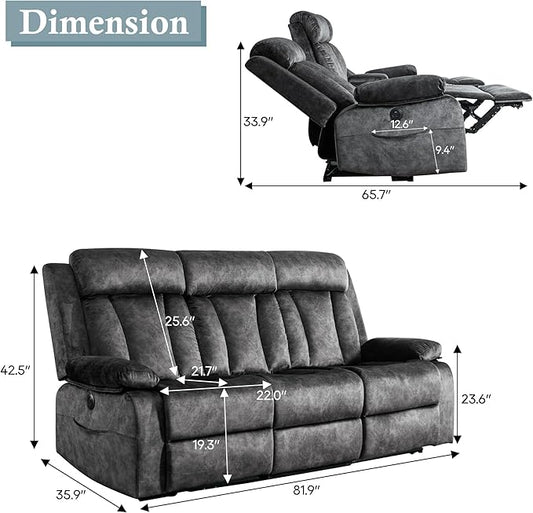 GUEAPY Power Reclining Sofa, 3-Seater Reclining Couch with Massage & Heat, Drop-Down Table, USB & Type-C Charging Ports, Cup Holders, Dutch Velvet, RV & Living Room Reclining Seating