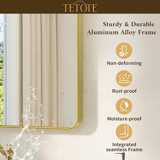 TETOTE Gold Bathroom Mirror 40 x 30 Inch Brushed Gold Metal Framed Vanity Mirror, Tempered Glass, Wall Mounted for Bathroom, Entryway, Bedroom, Living Room(Horizontal/Vertical)