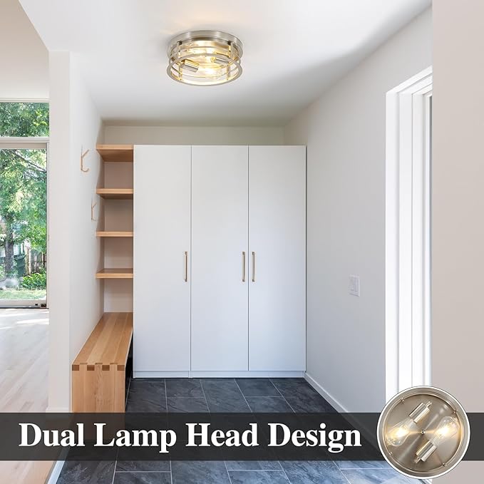 2-Light Round Flush Mount Ceiling Light, Farmhouse Brushed Nickel Metal Cage Close to Ceiling Light Fixture, 11inch E26 Base Semi Ceiling Mount Lamp, Modern Pendant Lighting for Porch Hallway