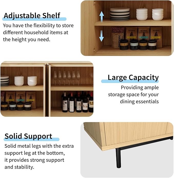 MUUEGM Buffet Cabinet with Storage, 58" Fluted Sideboard Kitchen Storage Cabinets with Shelves and 4 Doors, Modern Wood buffets & Sideboards for Dinging Room, Living Room, Natural Storage Cabinet