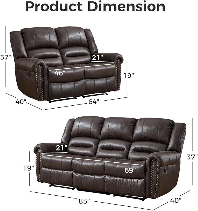 EBELLO Manual Recliner Sofa Set, Faux Leather Reclining Living Room Set, Included Loveseat Manual Recliner Sofa and 3 Seat Sofa, Vintage Rivet Mid-Century Design for Living Room, Dark Brown