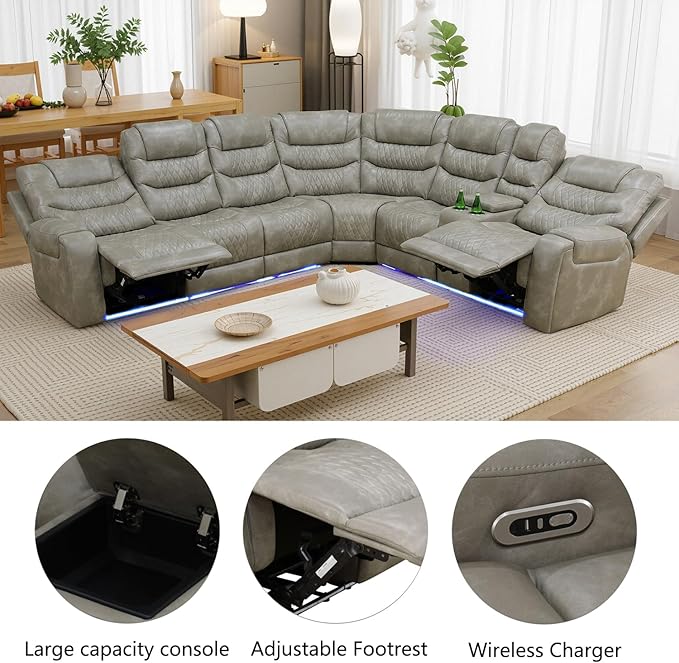 Power Recliner Sectional Sofa with LED Light, Breathing Leather Recliner Sofa Couch with USB Port/Cup Holder/Storage for Living Room (6 Seat Reclining Sectional Couch (Grey)