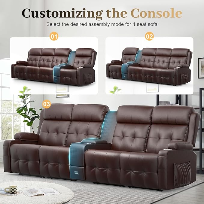 Recliner Sofa, Massage Reclining Sofa 4 Seater Sets Heavy Weight Capacity, RV Loveseat Couch Clearance with Console, USB, Type C Port, Storage, Cup Holders, Wall Hugger Chair for Living Room