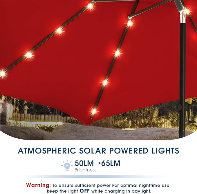 wikiwiki 10FT Solar Led Patio Umbrella with Base Included, 32 LED Lights, 8 Sturdy Ribs, Fade Resistant Waterproof POLYESTER DTY Canopy for Garden, Lawn, Deck, Backyard & Pool, Red