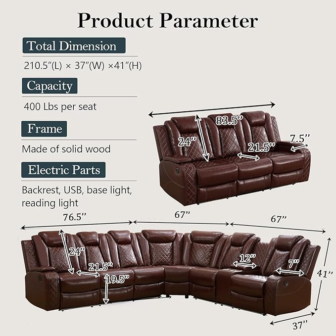 Power Recliner Sectional Sofa Set, Brown Leather Sectional Couch and 3 Seater Sofa for Living Room, L Shape Reclining Sofa with Cup Holder, Hidden Storage, Coffee Table for House(9 Seat)