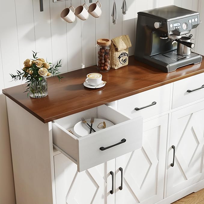 Modern Farmhouse Sideboard, White Wooden Buffet Cabinet with 3 Drawers & Adjustable Shelves for Kitchen, Living Room, Entryway, Coffee Bar