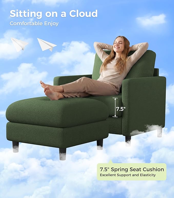 Welzona Sofa Accent Chair with Ottoman, 33" Reading Chair and Ottoman Set for Bedroom, Tool-Free Setup Living Room Accent Chairs, Comfy Arm Chairs Living Room, All-Wood Reading Nook, Green