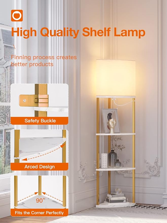 addlon 4-Tier Sector Corner Shelf Floor Lamp with 3 Color Temperatures LED Bulb and White Lamp Shade - Display Floor Lamps with Shelves for Living Room, Bedroom - Marble Texture
