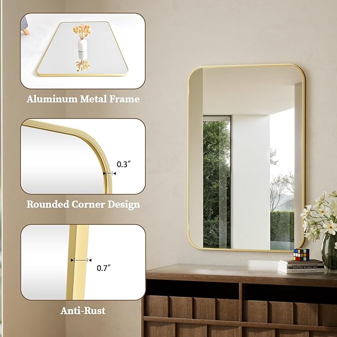 BEAUTYPEAK 30" x 40" Gold Metal Frame Rectangle Vanity Mirror with Rounded Corners, Wall Mounted Bathroom Mirror for Farmhouse, Restroom, Entryway, Horizontal or Vertical Hanging
