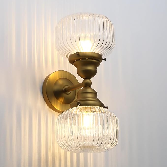 Pathson 2-Head Striped Globe Wall Sconces, 2-Lights Bathroom Vanity Light Over Mirror, Brass Vintage Bathroom Sconce Lamp for Living Room Bedroom Above Mirror