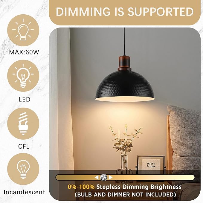 2 Pack Solid Wood Pendant Lights,16" Hammered Metal Black Finish Hanging Lighting Modern Lamp Industrial Dome Ceiling Light Fixtures for Kitchen Island Farmhouse Dining Room