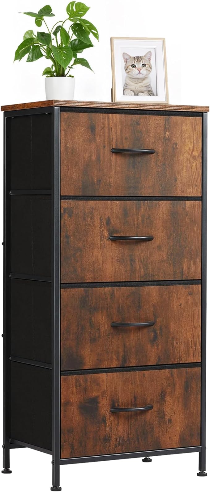 Nightstand with 4 Fabric Drawers, 37.4" H Tall Narrow Bedside Table with Wooden Top Steel Frame for Bedroom, Dorm, Closet, Living Room, Brown