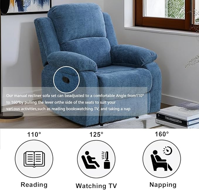 Fabric Recliner Chair Contempary Manual Motion Reclining Chair Living Room Furniture Microfiber Single Recliner with Overstuffed Arm & Back for Living Room/Bedroom/Office/Rv Car (Blue, Chair)